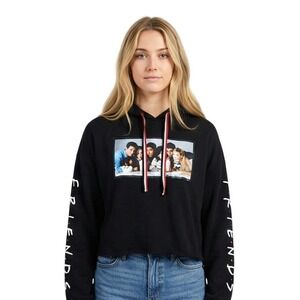 Friends TV Show Hoodie Womens Size Medium Cropped Graphic Print Sweatshirt Black
